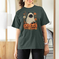Vintage Halloween Ghost Cat T Shirt For Women Groovy Floral Cute Black Cat Ghost Fall Pumpkin - Wonder Print Shop