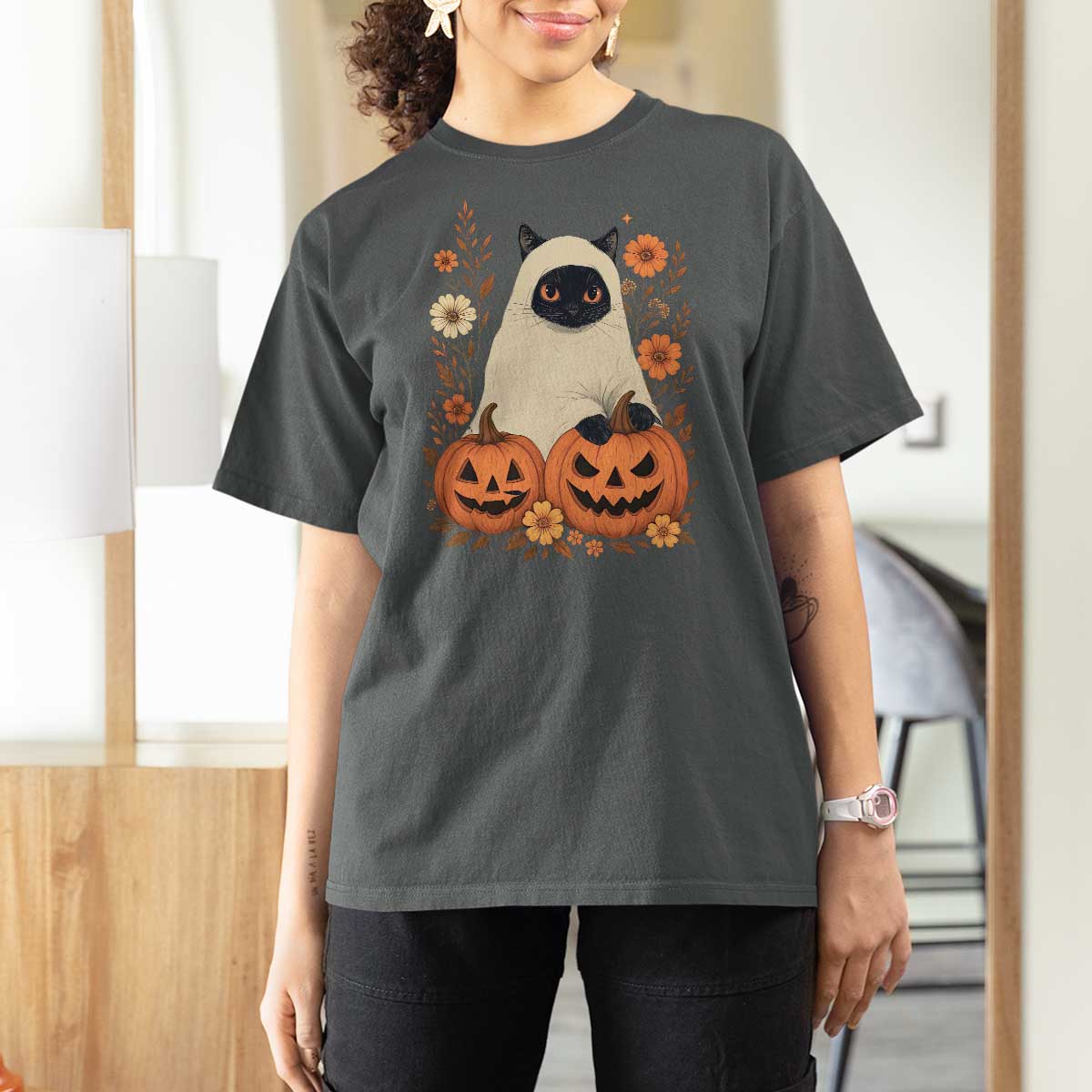 Vintage Halloween Ghost Cat T Shirt For Women Groovy Floral Cute Black Cat Ghost Fall Pumpkin - Wonder Print Shop