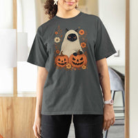 Vintage Halloween Ghost Cat T Shirt For Women Groovy Floral Cute Black Cat Ghost Fall Pumpkin - Wonder Print Shop