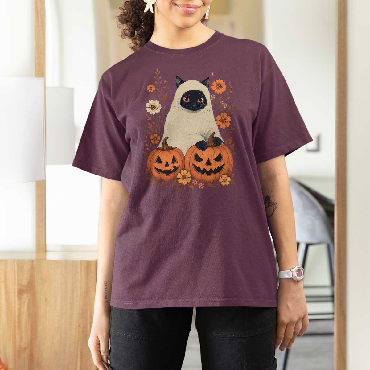 Vintage Halloween Ghost Cat T Shirt For Women Groovy Floral Cute Black Cat Ghost Fall Pumpkin - Wonder Print Shop