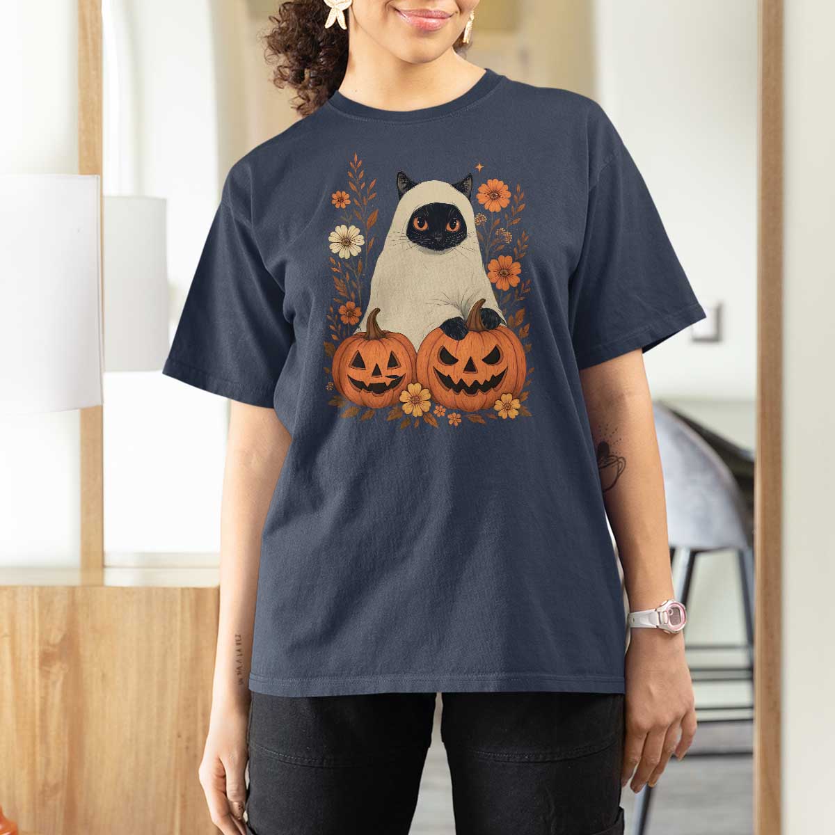 Vintage Halloween Ghost Cat T Shirt For Women Groovy Floral Cute Black Cat Ghost Fall Pumpkin - Wonder Print Shop
