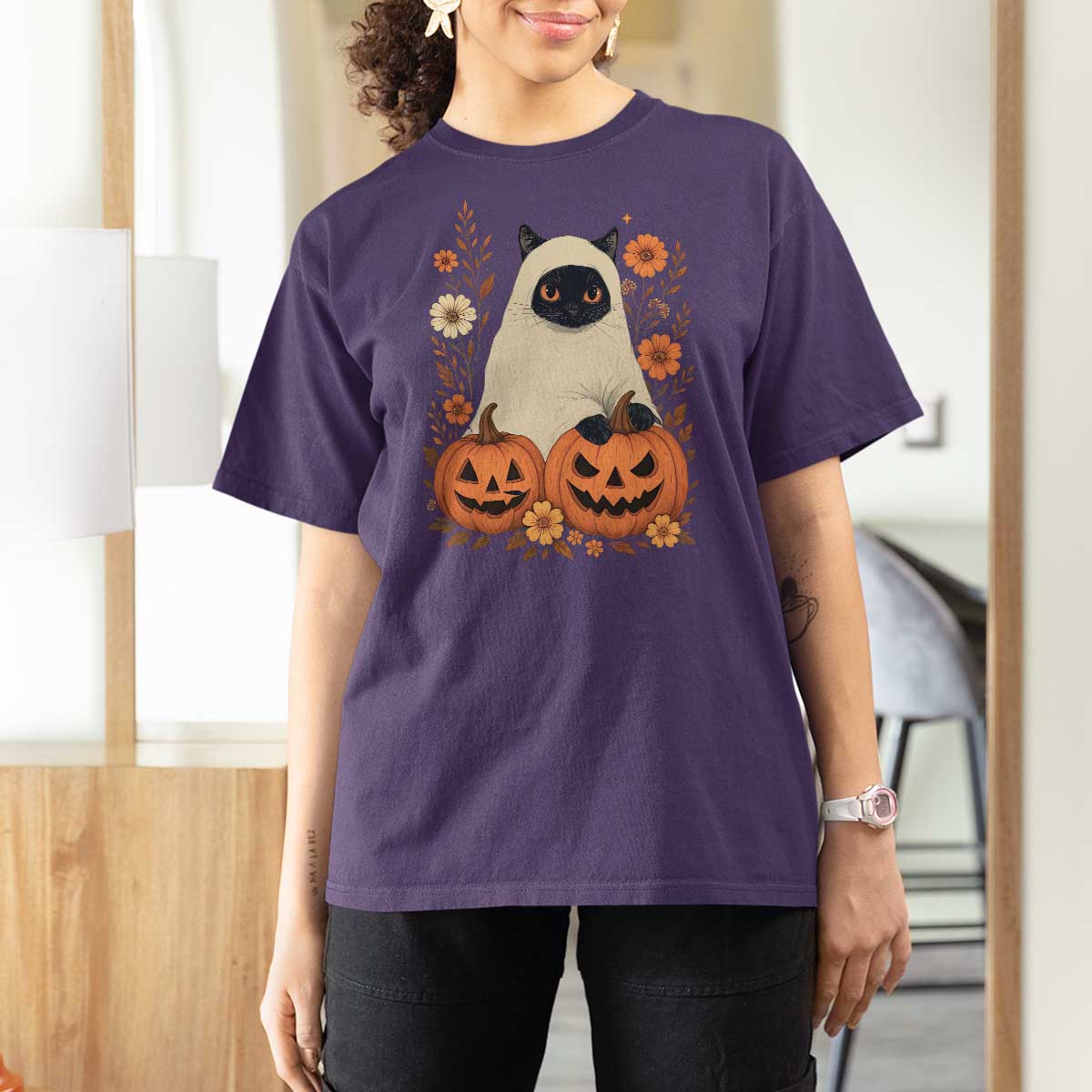 Vintage Halloween Ghost Cat T Shirt For Women Groovy Floral Cute Black Cat Ghost Fall Pumpkin - Wonder Print Shop