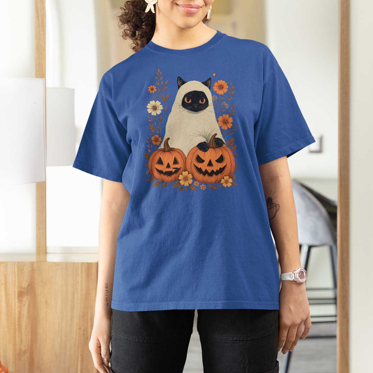 Vintage Halloween Ghost Cat T Shirt For Women Groovy Floral Cute Black Cat Ghost Fall Pumpkin - Wonder Print Shop