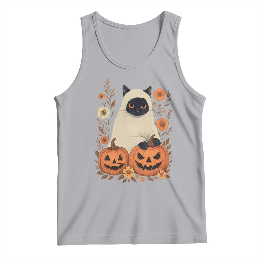 Vintage Halloween Ghost Cat Tank Top Groovy Floral Cute Black Cat Ghost Fall Pumpkin - Wonder Print Shop
