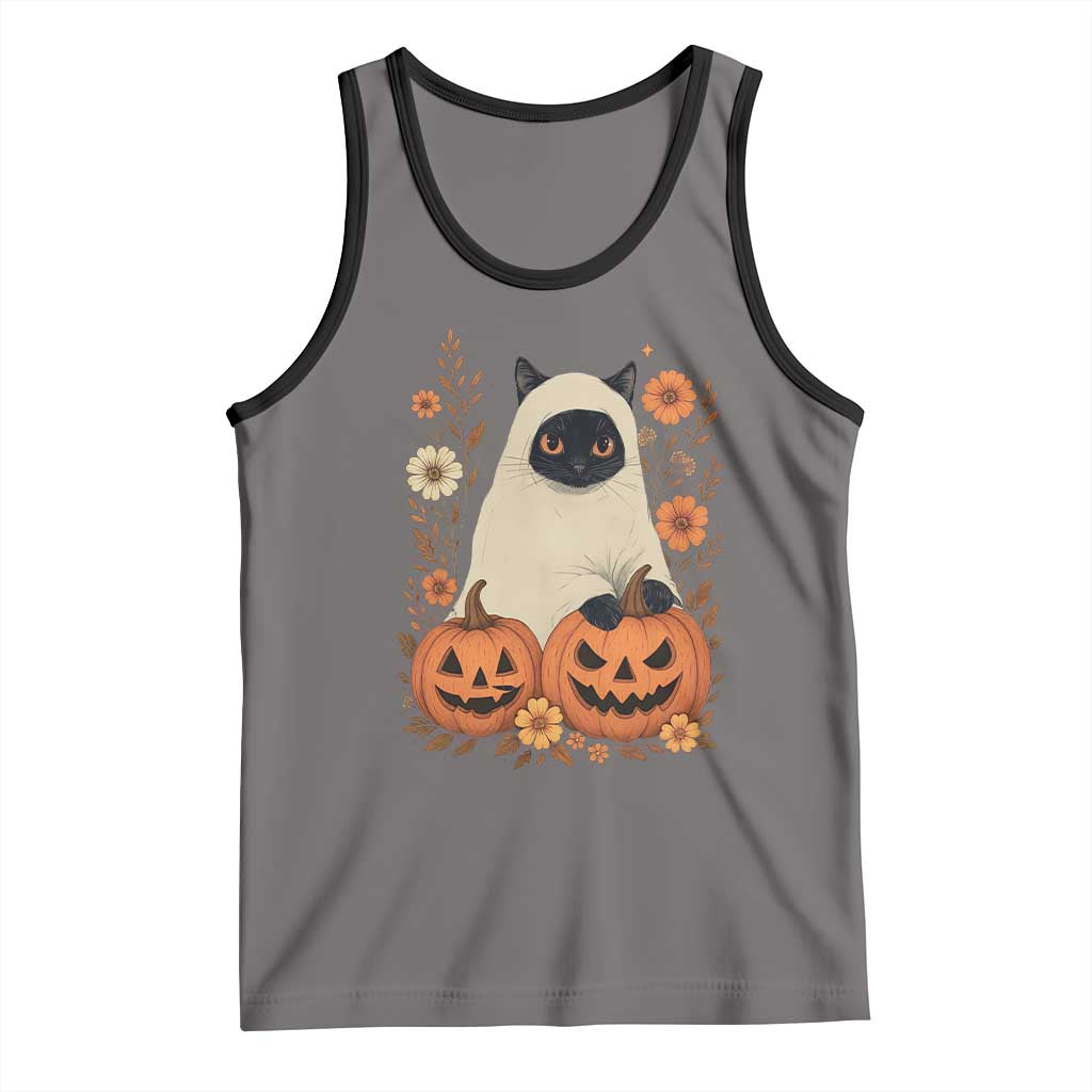 Vintage Halloween Ghost Cat Tank Top Groovy Floral Cute Black Cat Ghost Fall Pumpkin - Wonder Print Shop