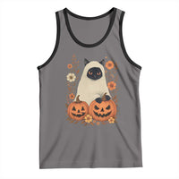 Vintage Halloween Ghost Cat Tank Top Groovy Floral Cute Black Cat Ghost Fall Pumpkin - Wonder Print Shop