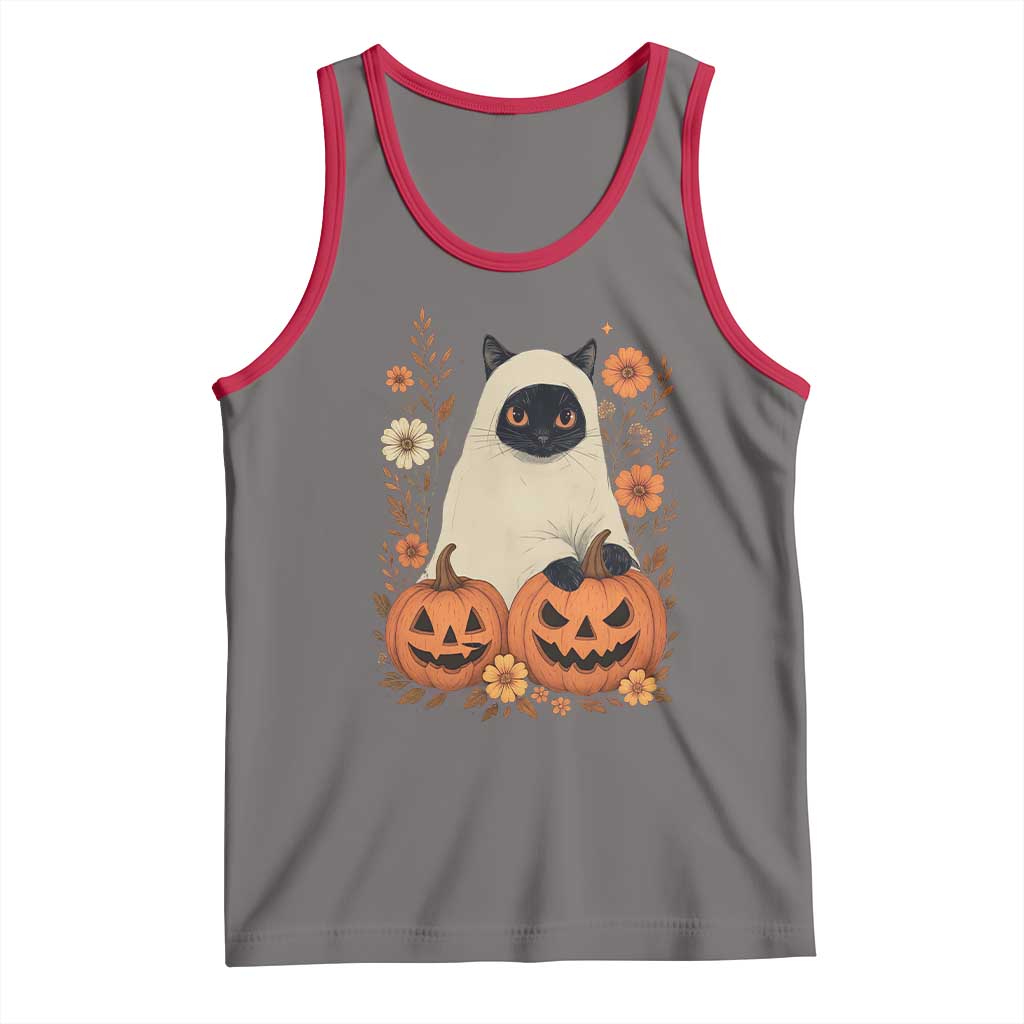 Vintage Halloween Ghost Cat Tank Top Groovy Floral Cute Black Cat Ghost Fall Pumpkin - Wonder Print Shop