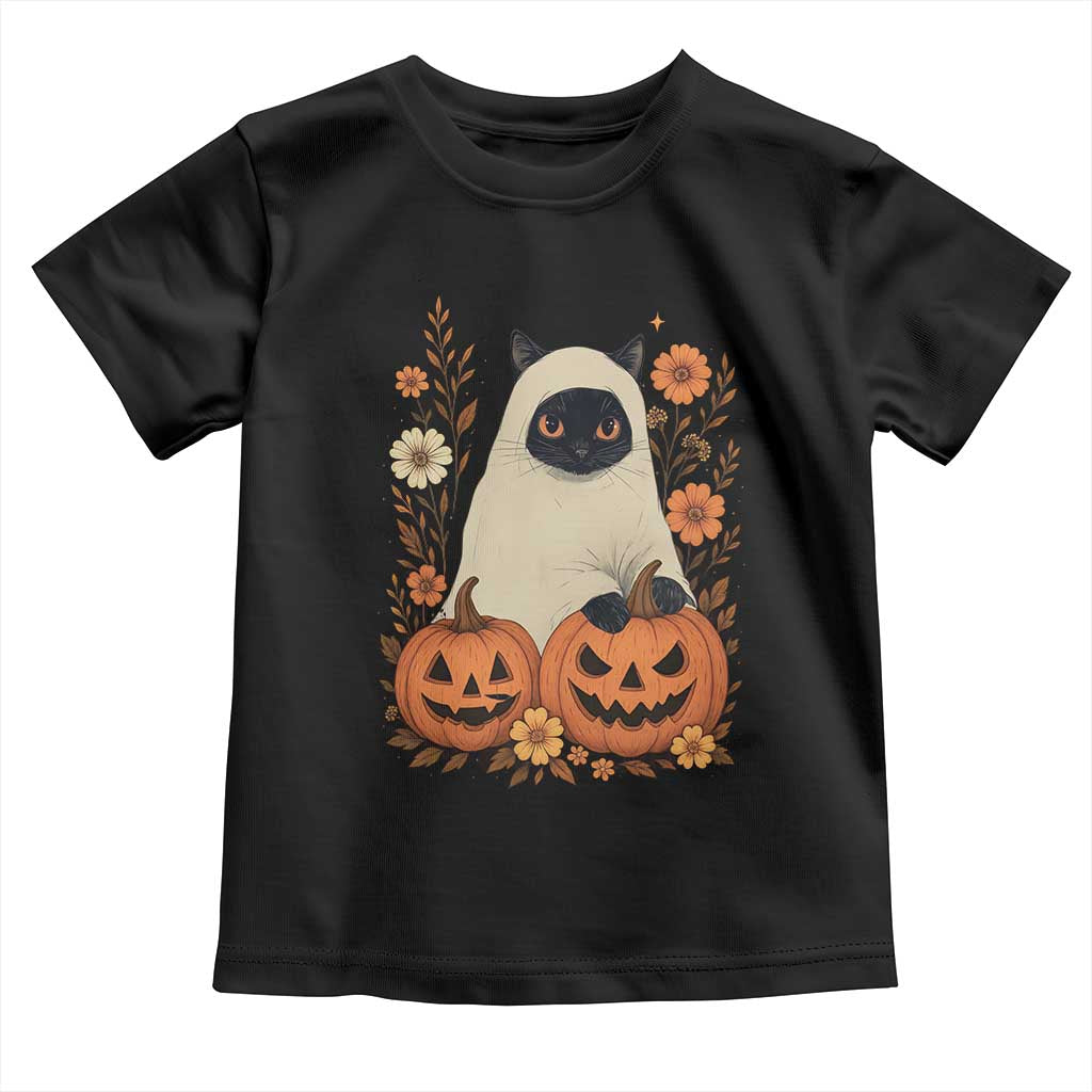 Vintage Halloween Ghost Cat Toddler T Shirt Groovy Floral Cute Black Cat Ghost Fall Pumpkin - Wonder Print Shop