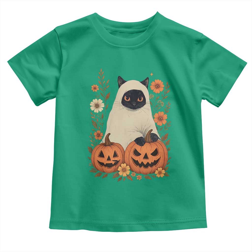 Vintage Halloween Ghost Cat Toddler T Shirt Groovy Floral Cute Black Cat Ghost Fall Pumpkin - Wonder Print Shop