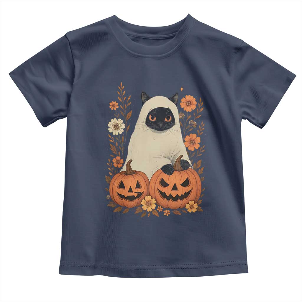 Vintage Halloween Ghost Cat Toddler T Shirt Groovy Floral Cute Black Cat Ghost Fall Pumpkin - Wonder Print Shop