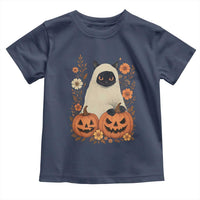 Vintage Halloween Ghost Cat Toddler T Shirt Groovy Floral Cute Black Cat Ghost Fall Pumpkin - Wonder Print Shop