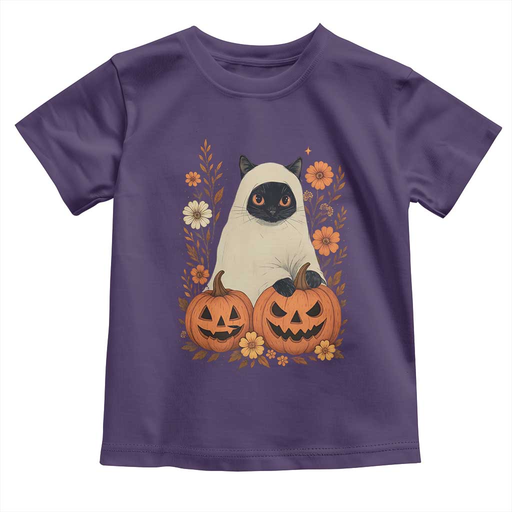 Vintage Halloween Ghost Cat Toddler T Shirt Groovy Floral Cute Black Cat Ghost Fall Pumpkin - Wonder Print Shop