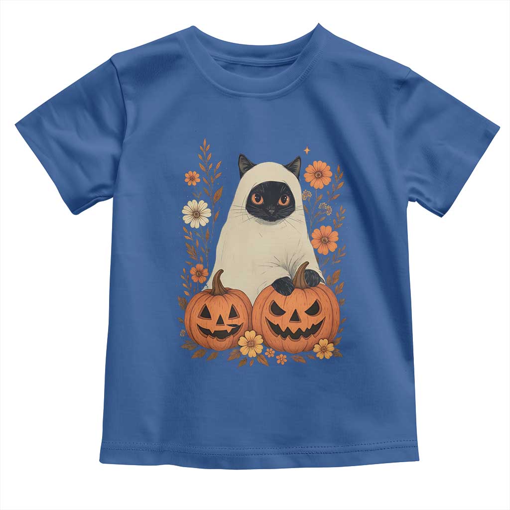 Vintage Halloween Ghost Cat Toddler T Shirt Groovy Floral Cute Black Cat Ghost Fall Pumpkin - Wonder Print Shop