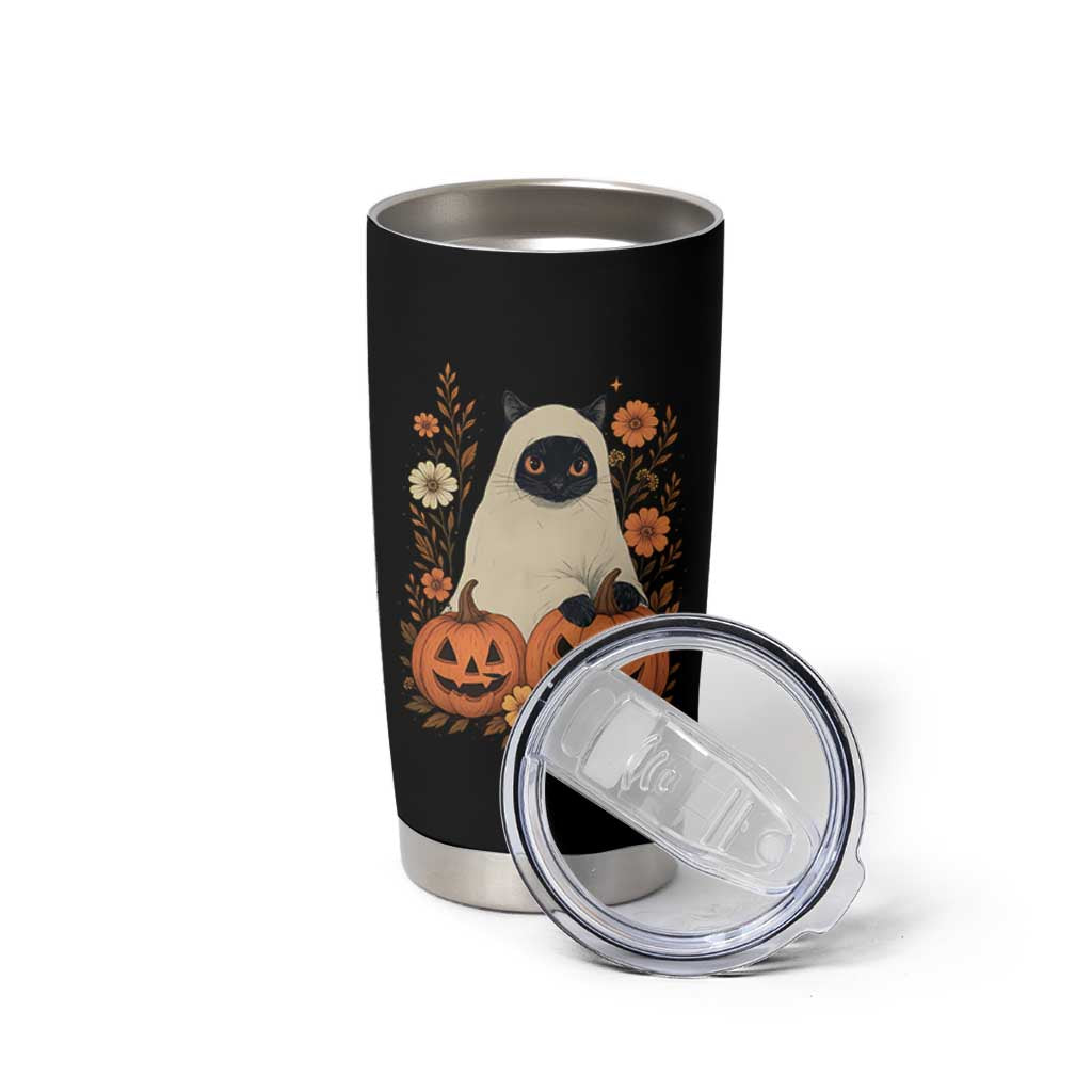Vintage Halloween Ghost Cat Tumbler Cup Groovy Floral Cute Black Cat Ghost Fall Pumpkin - Wonder Print Shop