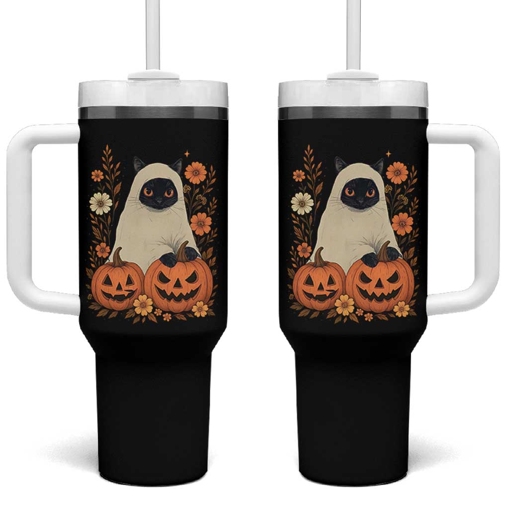 Vintage Halloween Ghost Cat Tumbler With Handle Groovy Floral Cute Black Cat Ghost Fall Pumpkin - Wonder Print Shop
