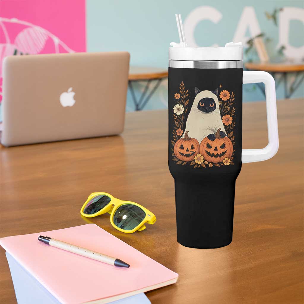 Vintage Halloween Ghost Cat Tumbler With Handle Groovy Floral Cute Black Cat Ghost Fall Pumpkin - Wonder Print Shop