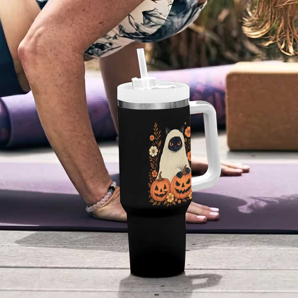 Vintage Halloween Ghost Cat Tumbler With Handle Groovy Floral Cute Black Cat Ghost Fall Pumpkin - Wonder Print Shop