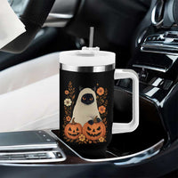 Vintage Halloween Ghost Cat Tumbler With Handle Groovy Floral Cute Black Cat Ghost Fall Pumpkin - Wonder Print Shop