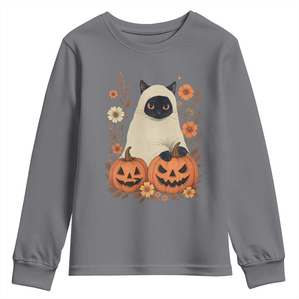 Vintage Halloween Ghost Cat Youth Sweatshirt Groovy Floral Cute Black Cat Ghost Fall Pumpkin - Wonder Print Shop