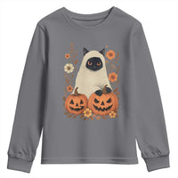 Vintage Halloween Ghost Cat Youth Sweatshirt Groovy Floral Cute Black Cat Ghost Fall Pumpkin - Wonder Print Shop