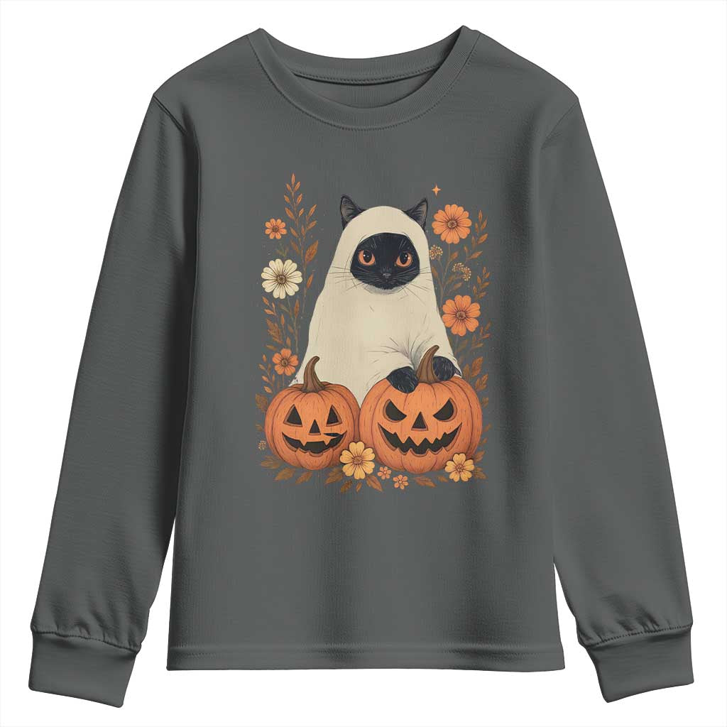 Vintage Halloween Ghost Cat Youth Sweatshirt Groovy Floral Cute Black Cat Ghost Fall Pumpkin - Wonder Print Shop