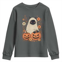 Vintage Halloween Ghost Cat Youth Sweatshirt Groovy Floral Cute Black Cat Ghost Fall Pumpkin - Wonder Print Shop