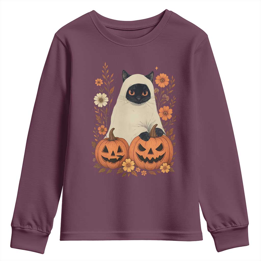 Vintage Halloween Ghost Cat Youth Sweatshirt Groovy Floral Cute Black Cat Ghost Fall Pumpkin - Wonder Print Shop