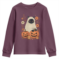 Vintage Halloween Ghost Cat Youth Sweatshirt Groovy Floral Cute Black Cat Ghost Fall Pumpkin - Wonder Print Shop