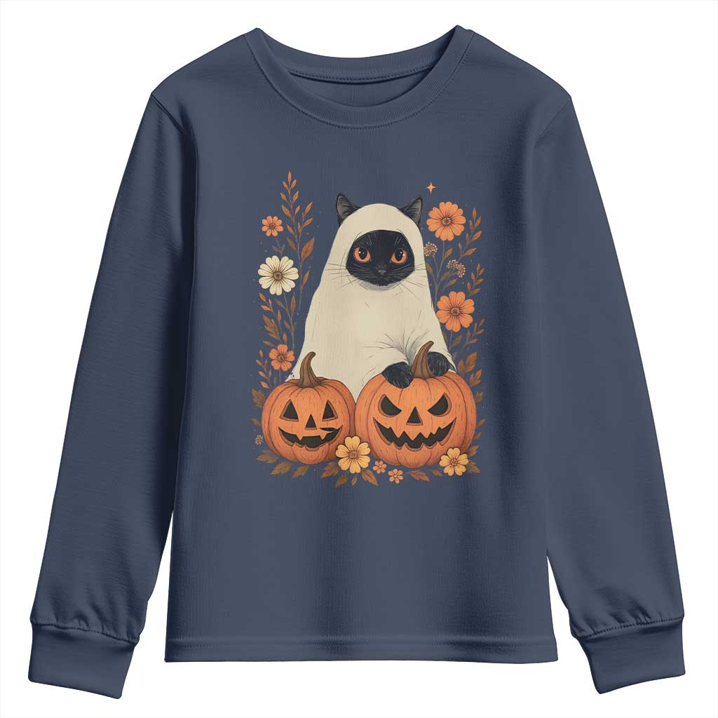 Vintage Halloween Ghost Cat Youth Sweatshirt Groovy Floral Cute Black Cat Ghost Fall Pumpkin - Wonder Print Shop