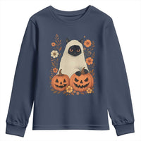 Vintage Halloween Ghost Cat Youth Sweatshirt Groovy Floral Cute Black Cat Ghost Fall Pumpkin - Wonder Print Shop