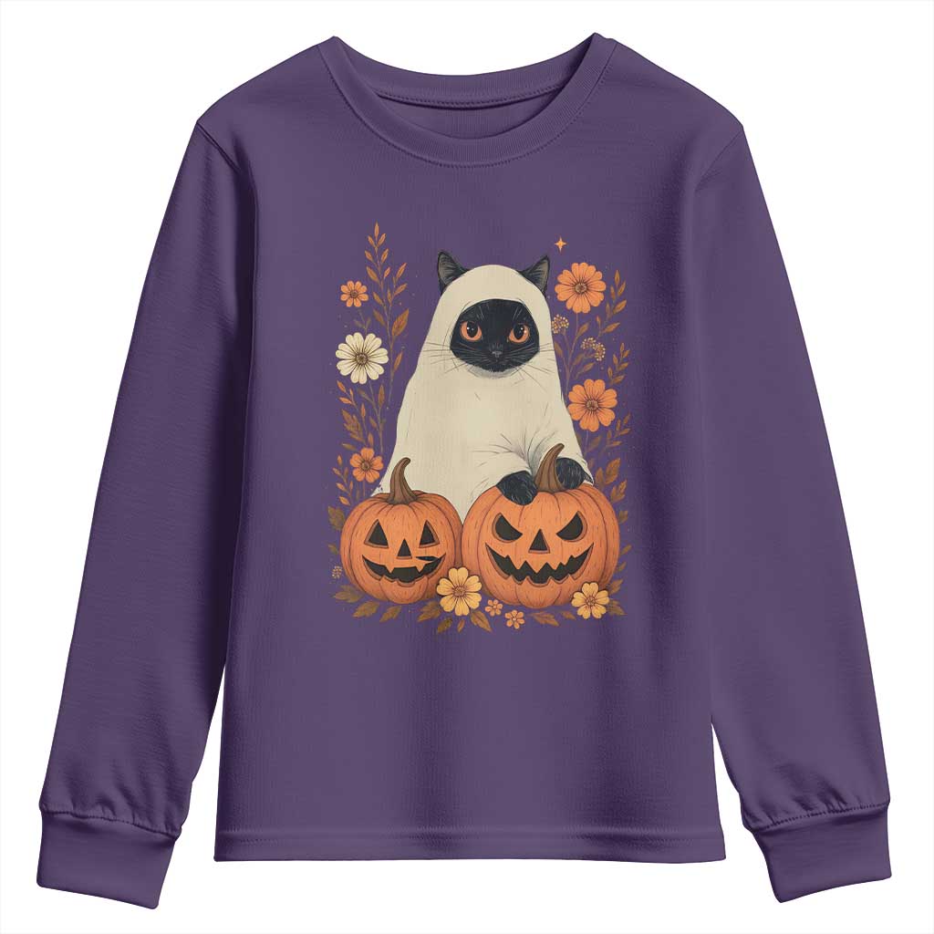 Vintage Halloween Ghost Cat Youth Sweatshirt Groovy Floral Cute Black Cat Ghost Fall Pumpkin - Wonder Print Shop