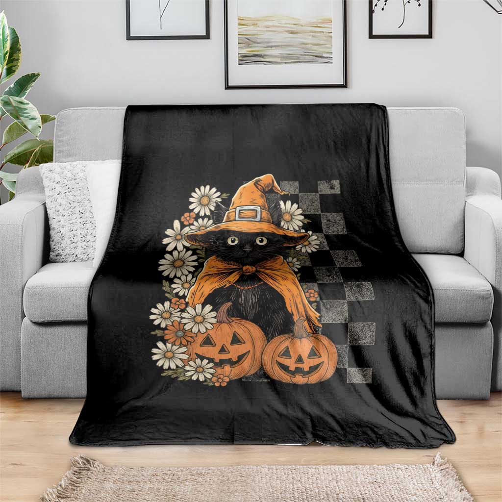 Boho Cat Wild Flowers Throw Blanket Vintage Autumn Cozy Black Cat Pumpkin Halloween