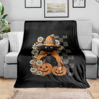 Boho Cat Wild Flowers Throw Blanket Vintage Autumn Cozy Black Cat Pumpkin Halloween