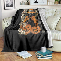 Boho Cat Wild Flowers Throw Blanket Vintage Autumn Cozy Black Cat Pumpkin Halloween