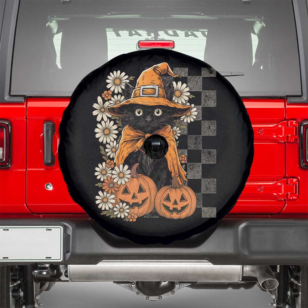 Boho Cat Wild Flowers Spare Tire Cover Vintage Autumn Cozy Black Cat Pumpkin Halloween