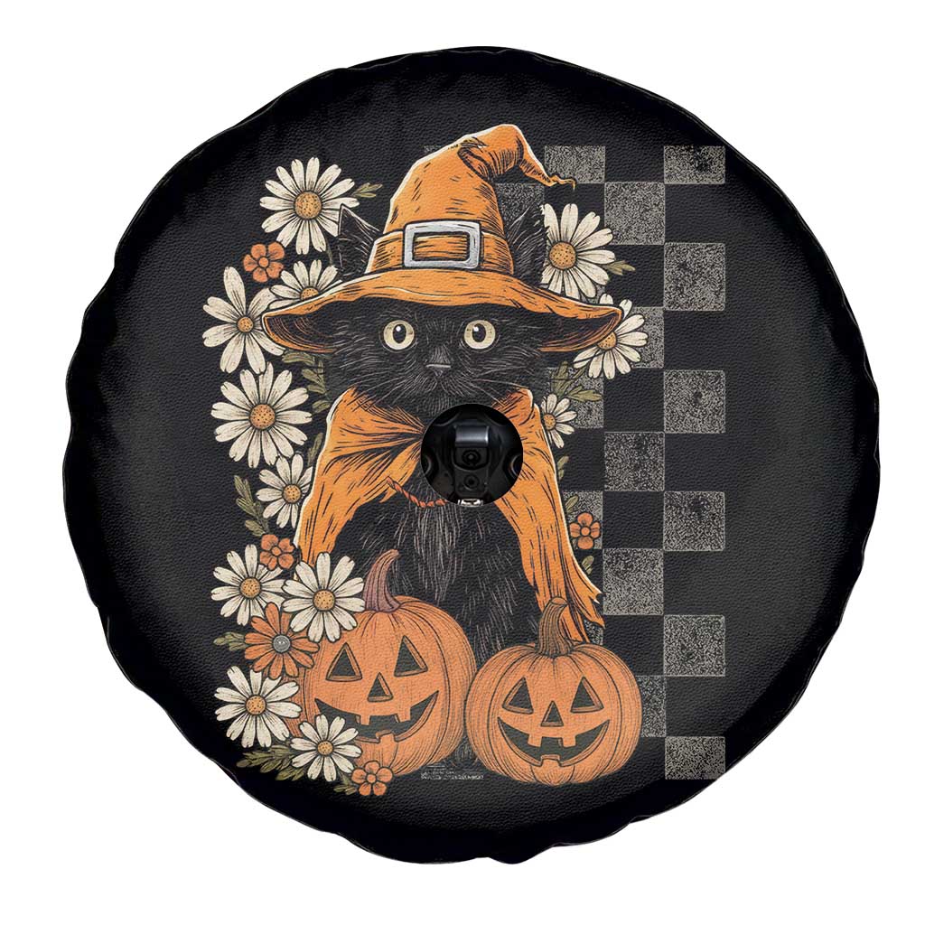Boho Cat Wild Flowers Spare Tire Cover Vintage Autumn Cozy Black Cat Pumpkin Halloween