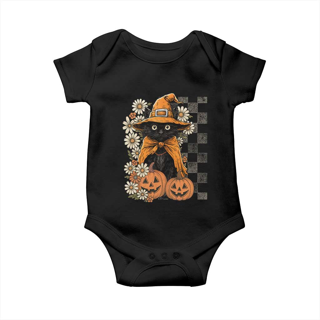 Boho Cat Wild Flowers Baby Onesie Vintage Autumn Cozy Black Cat Pumpkin Halloween