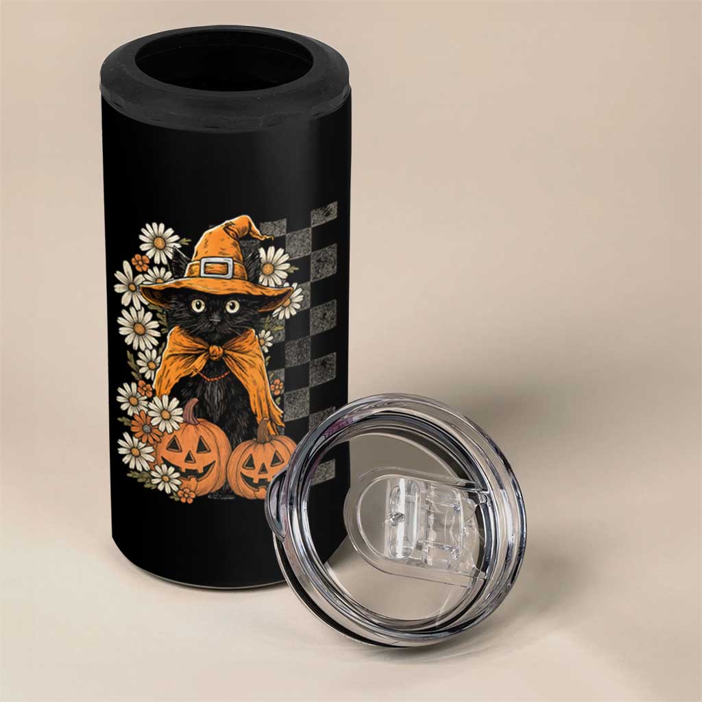 Boho Cat Wild Flowers 4 in 1 Can Cooler Tumbler Vintage Autumn Cozy Black Cat Pumpkin Halloween