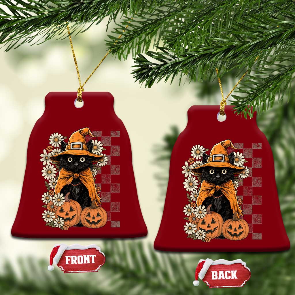 Boho Cat Wild Flowers Ceramic Ornament Vintage Autumn Cozy Black Cat Pumpkin Halloween