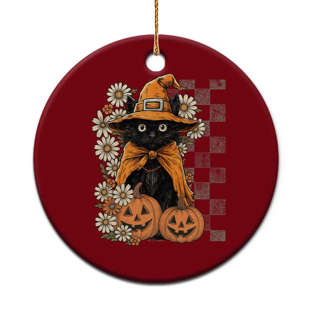 Boho Cat Wild Flowers Ceramic Ornament Vintage Autumn Cozy Black Cat Pumpkin Halloween