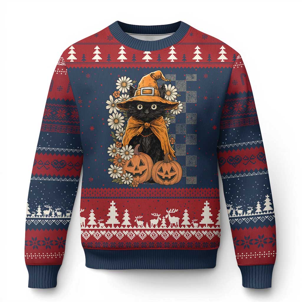 Boho Cat Wild Flowers Ugly Christmas Sweater Vintage Autumn Cozy Black Cat Pumpkin Halloween