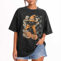 Boho Cat Wild Flowers Washed Cotton T-Shirt Vintage Autumn Cozy Black Cat Pumpkin Halloween