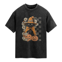 Boho Cat Wild Flowers Washed Cotton T-Shirt Vintage Autumn Cozy Black Cat Pumpkin Halloween