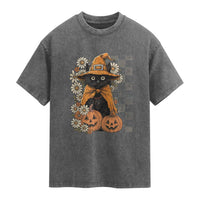 Boho Cat Wild Flowers Washed Cotton T-Shirt Vintage Autumn Cozy Black Cat Pumpkin Halloween