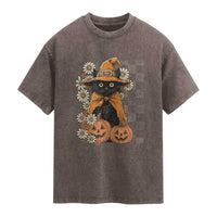 Boho Cat Wild Flowers Washed Cotton T-Shirt Vintage Autumn Cozy Black Cat Pumpkin Halloween