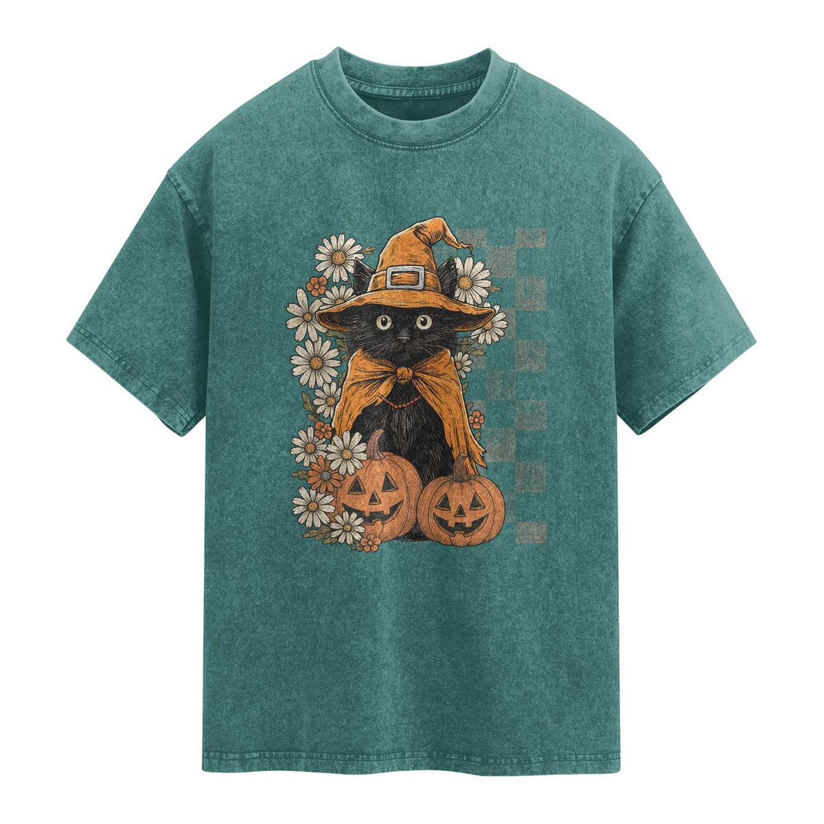 Boho Cat Wild Flowers Washed Cotton T-Shirt Vintage Autumn Cozy Black Cat Pumpkin Halloween
