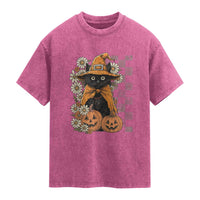 Boho Cat Wild Flowers Washed Cotton T-Shirt Vintage Autumn Cozy Black Cat Pumpkin Halloween