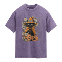 Boho Cat Wild Flowers Washed Cotton T-Shirt Vintage Autumn Cozy Black Cat Pumpkin Halloween