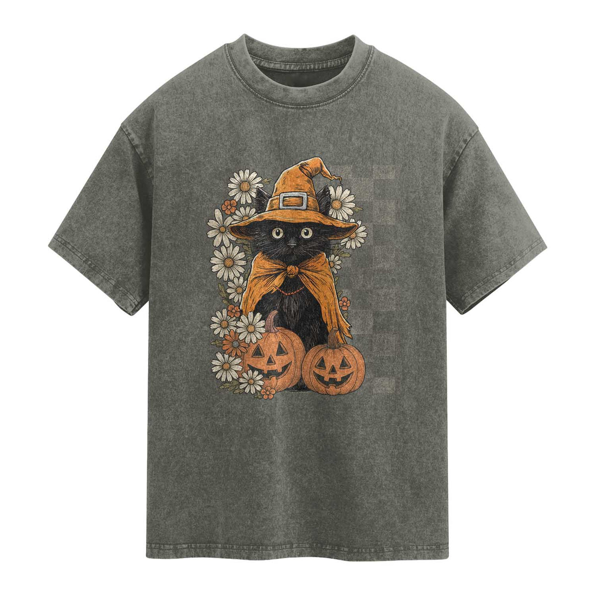 Boho Cat Wild Flowers Washed Cotton T-Shirt Vintage Autumn Cozy Black Cat Pumpkin Halloween