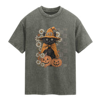 Boho Cat Wild Flowers Washed Cotton T-Shirt Vintage Autumn Cozy Black Cat Pumpkin Halloween